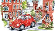 A vibrant illustration of a red car parked, surrounded by cheerful people and historic buildings.