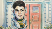 Caricature of a young man in front of red doors, wearing a green striped sweater.