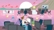 A flooded office scene with computers, a woman working, and a pink sunset backdrop.
