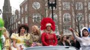 Danes with members of the Hasty Pudding Theatricals during the parade.