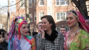 Marion Cotillard with members of the Hasty Pudding Theatricals before entering Harvard Square.