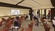 A new “smart" classroom on the lower level of Dunster House; in this schematic, a House floorplan is projected on the rear screen.