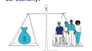 Chart showing a scale balancing workers on one side against a big bag of money on the other