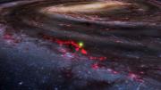 Red dots represent the Radcliffe Wave, superimposed here on an artist's rendering of the Milky Way as it appears in a screen shot taken from WorldWide Telescope.