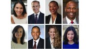 Photographic portraits of HAA nominating committee nominees for Harvard Board of Overseers: Top row, left to right: Christiana Goh Bardon, Mark J. Carney, Kimberly Nicole Dowdell, Christopher B. Howard. Bottom row, left to right: María Teresa Kumar, Raymond J. Lohier Jr., Terah Evaleen Lyons, Sheryl WuDunn