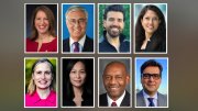 Photographic portraits of HAA nominating committee nominees for Harvard Board of Overseers: Top row, left to right: Sylvia Mathews Burwell, Jeffrey D. Dunn, Arturo Elizondo, Srishti Gupta Narasimhan Bottom row, left to right: Fiona Hill, Vanessa W. Liu, Robert L. Satcher Jr., Luis A. Ubiñas