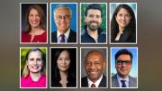 Photographic portraits of HAA nominating committee nominees for Harvard Board of Overseers: Top row, left to right: Sylvia Mathews Burwell, Jeffrey D. Dunn, Arturo Elizondo, Srishti Gupta Narasimhan Bottom row, left to right: Fiona Hill, Vanessa W. Liu, Robert L. Satcher Jr., Luis A. Ubiñas