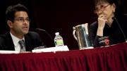 Vamsi Mootha and Vicki Sato, professor of the practice of molecular and cellular biology in the Faculty of Arts and Sciences and professor of management practice at Harvard Business School