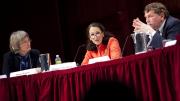 President Drew Faust moderates a February 22 discussion of the human genome map's impact in the 10 years since its first publication. Also shown are panelists Margaret Hamburg ’77, M.D. ’83, commissioner of the U.S. Food and Drug Administration, and Eric Lander, president and founding director of the Broad Institute of Harvard and MIT and professor of systems biology at Harvard Medical School.