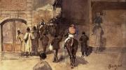Five Gouache drawings by Edgar Degas. Isabella Gardner’s collection contains several works by Degas—including five drawings that were stolen in 1990. Gardner placed these works on a wooden cabinet in the Short Gallery. Degas, <i>La Sortie de Pesage</i>. Pencil and watercolor on paper, 10 x 16 cm.