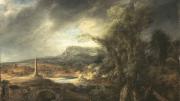 Govaert Flinck, <i>Landscape with an Obelisk, </i>1638. Oil on oak panel, 54.5 x 71 cm. Inscribed faintly at the foot on the right: R. 16.8 (until recently attributed to Rembrandt). Long attributed to Rembrandt, this work was recognized in the 1980s as the work of his pupil, Govaert Flinck. Of Rembrandt, Isabella Gardner wrote to her friend and advisor: “I really don’t adore Rembrandt. I only like him.” Gardner placed this work on a table alongside a window, opposite Vermeer’s <i>The Concert</i>.