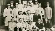 Harvard’s 1912 baseball team. Wingate (front at left, holding cap) was Fenway’s first batter.