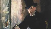 Manet, <i>Chez Tortoni,</i> 1878–1880. Oil on canvas, 26 x 34 cm. Inscribed at the foot on the left: Manet. This picture shows a jaunty gentleman in a top hat writing in a Parisian café. Gardner placed this small work on a table beneath the darker and far more somber portrait of Manet’s mother, shown as a widow in a black veil and a silk dress entirely in black. The painting is believed to have been painted in the café, Chez Tortoni, located in the Rue Laffitte, Paris, where Manet frequently lunched.