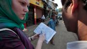 A group of public-health students practiced field methods by studying sanitation in Mumbai's Cheeta Camp slum. Here, Rosemary Wyber maps the locations of toilet buildings with guidance from local residents.
