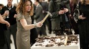 A participant smashes a chocolate bunny.