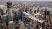 A World War II-era North American P-51 Mustang over New York City
