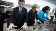 Harvard University president Drew Faust and Boston mayor Martin J. Walsh participate in a community art project at the opening of the Ed Portal’s new building in Allston.