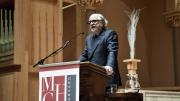 Homi Bhaba, conference organizer and director of the Mahindra Humanities Center, led off the symposium at the First Church in Cambridge on February 12.