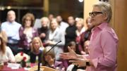 Anna Collins ’86, one of several former players who spoke at a reception celebrating the endowment of the women’s basketball head coaching position, reminded attendees of the symbolic significance of their support: “Words matter,” she said, “but money talks.”
