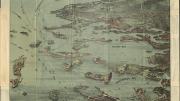 An illustrated, three-dimensional map of Boston showing details of buildings and boats across its water bodies
