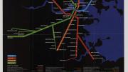 Four brightly colored Boston subway lines superimposed on a black, undetailed map outline of the city