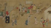 Painting of women and men preparing for evening guests at an inn in Edo’s red-light district