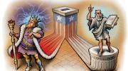 Flanking a ballot box are a monarch on the left and a senator holding a book of law on the right.