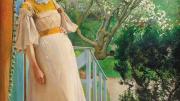 Painting of a young woman standing at a French window, looking at a verdant garden