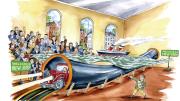 Cartoon shows an audience viewing a 3D rendering of the Holland Tunnel, with a ship floating above it and a car emerging from one end