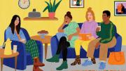 Four young women of different ethnic backgrounds converse in a homey lounge 
