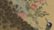 A painting of a male peacock in full plumage, with pink peonies in full bloom