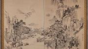 A detailed mountain landscape with village buildings, in the Chinese style