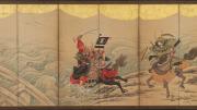 Two armored warriors race their horses along a foaming river