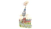 Mark Steele illustration of Lowell House’s bells being rung for the first time by a giant hand stretching from a cloud to swing the detached belfry.