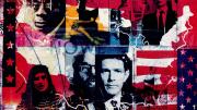 A collage of emblematic figures in American history set against the Stars and Stripes