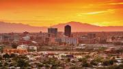 Photograph of the Tucson, Arizona, skyline and downtown taken at sunset.