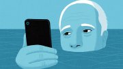 Blue-tinted illustration of a man holding his head and his smartphone above water.