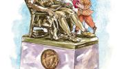 Drawing of Harvard Dental School giving John Harvard statue a dental check-up