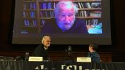 Photograph of Noam Chomsky videoconference at a Harvard Law School event discussing corporate capture of the legal profession