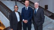 Photograph of Harvard University President-elect Claudine Gay; donor, Ernesto Bertarelli; and Harvard Medical School Dean, George Q. Daley 