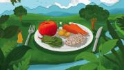 In a verdant landscape sits a plate with healthy foods
