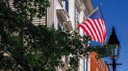 Historic buildings and American flag in Litchfield, Connecticut