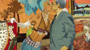 Art depicting Vegas showgirl kissing businessman