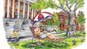 Illustration depicting a summer-school student sunbathing on the steps of Widener Library