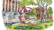 Illustration depicting a summer-school student sunbathing on the steps of Widener Library