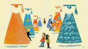 An illustration depicting students choosing among different varieties of branded college experiences
