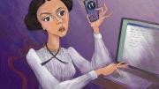 Illustration of Emily Dickinson talking to tech support