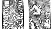 Historiated capital letters in Vesalius's textbook depict anatomical practices, some rather illicit, with cherubic putti as medical students. Here, they rob a grave to obtain a body for dissection.
