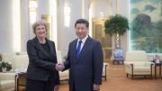 Harvard President Drew Faust meets with President Xi Jinping of the People’s Republic of China inside the Great Hall of the People, in Beijing.