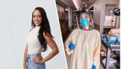 Kira Mengistu in jeans and white shirt, Kira Mengistu in doctor's PPE